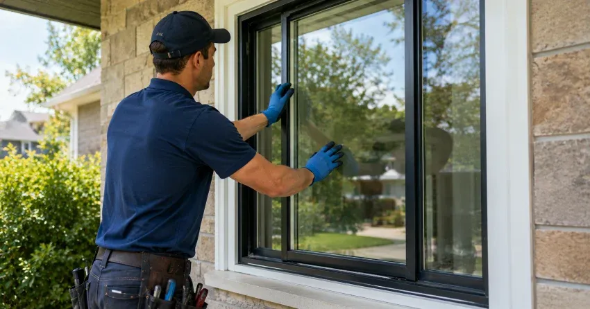 technician measuring a broken window pane for replacement in Rathwood, Mississauga