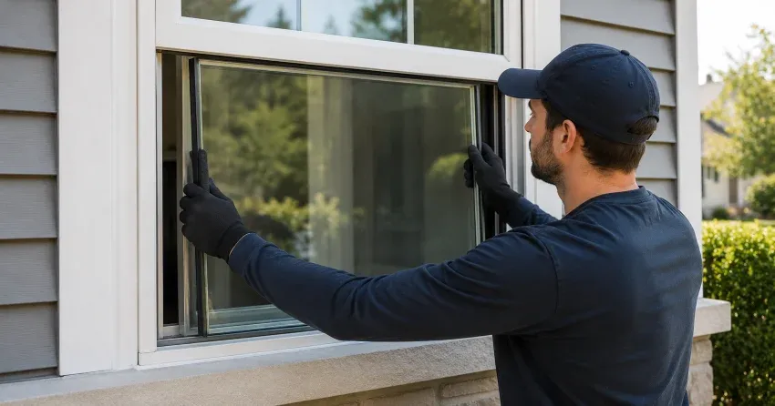 technician boarding up broken window during emergency glass repair Lorne Park, Mississauga