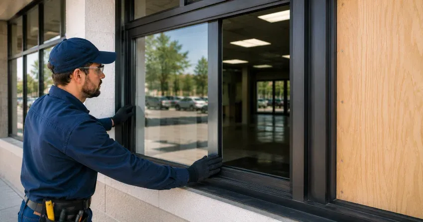 technician boarding a broken window after a break-in in Dixie, Mississauga