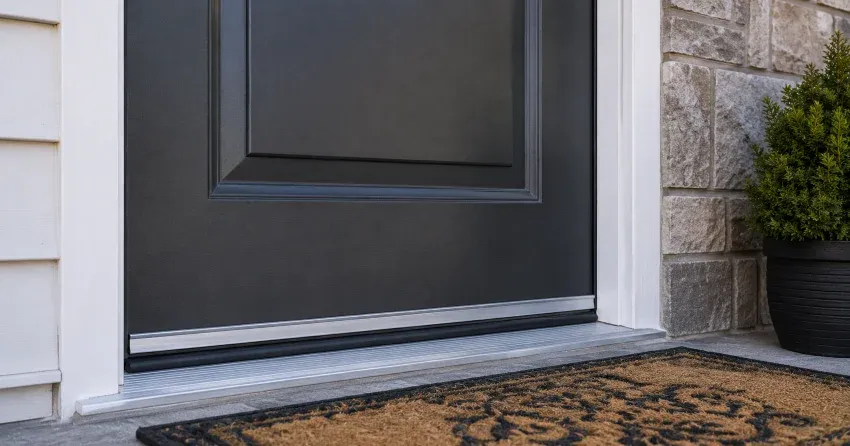 technician replacing worn door weatherstripping in Erindale, Mississauga home