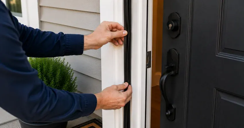 technician performing light test on door seal in Sheridan, Mississauga