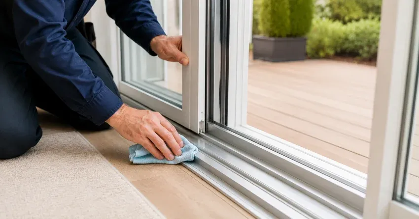technician inspecting a sliding patio door track in Mississauga