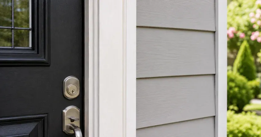 technician inspecting door jamb behind cracked casing in Clarkson, Mississauga home