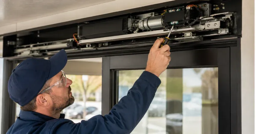 technician completing automatic door repair on residential property in Fairview, Mississauga