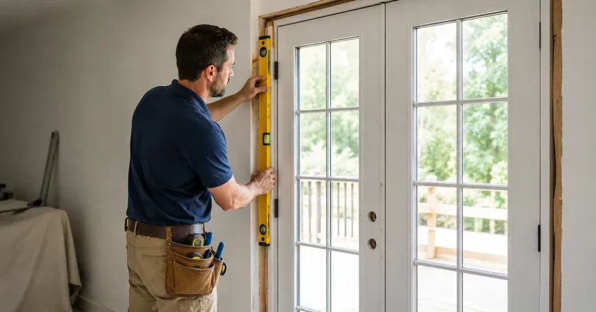 newly installed French doors with divided glass panes in Lorne Park, Mississauga