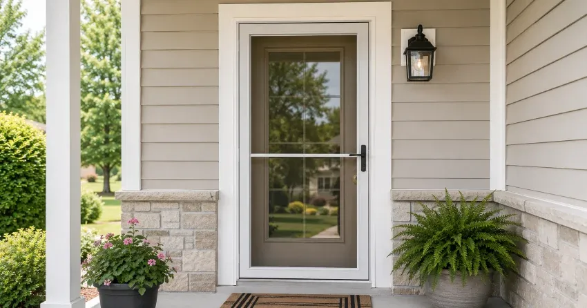 technician hanging storm door square and plumb in Clarkson, Mississauga