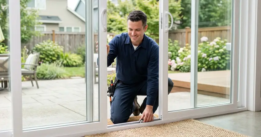 technician diagnosing a sticking patio door in Mississauga