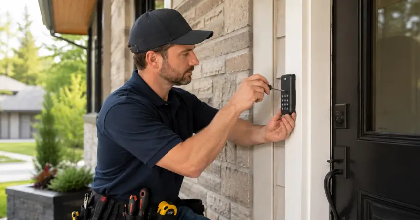 Technician installing an access control system keypad beside a residential front door in Lisgar, Mississauga