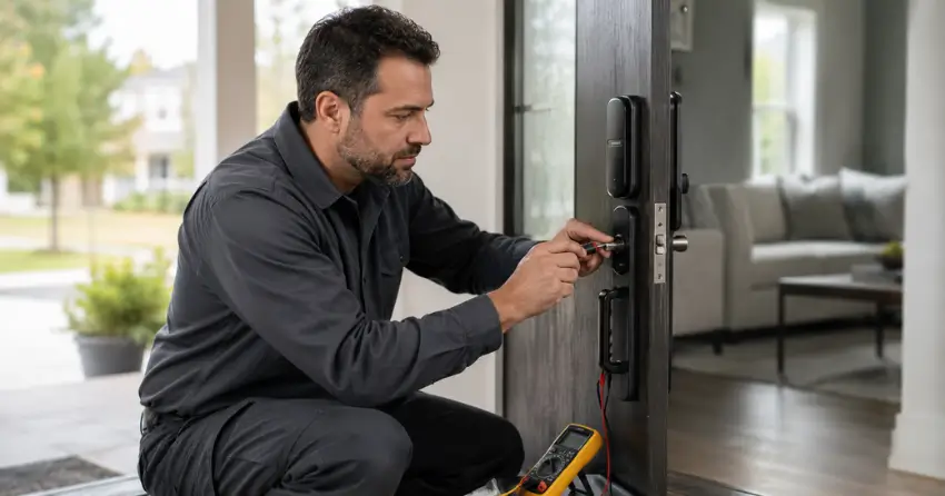 technician diagnosing automatic door lock mechanism on residential door in Lorne Park, Mississauga