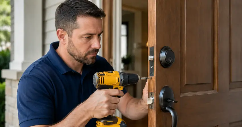 technician installing a new deadbolt during Change Door Lock Erindale, Mississauga service