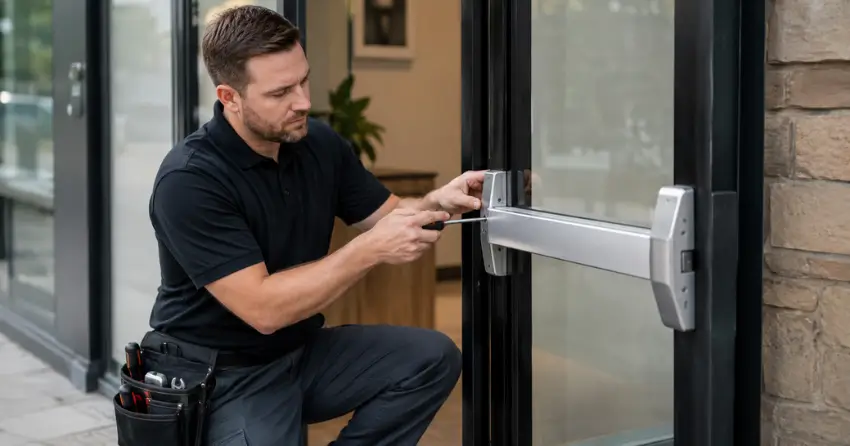 commercial locksmith repairing exit device on storefront door Central Erin Mills, Mississauga