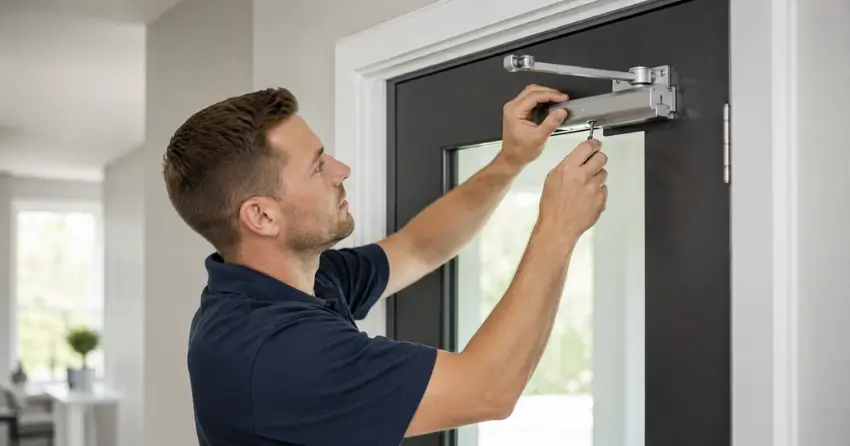 technician adjusting door closer hydraulic valve in Dixie, Mississauga home