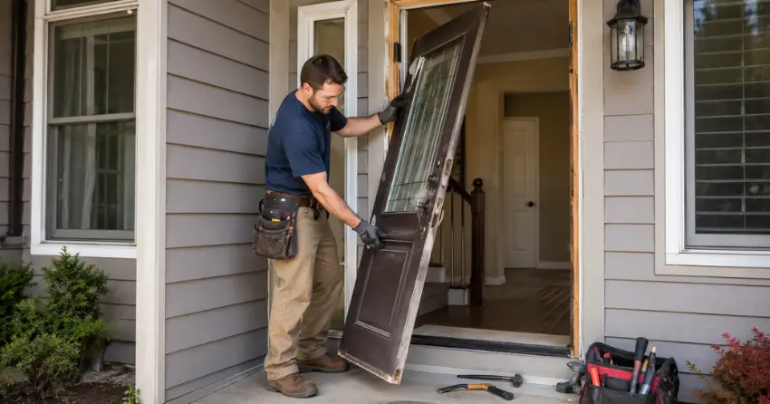 old exterior door being removed for replacement in Lisgar, Mississauga