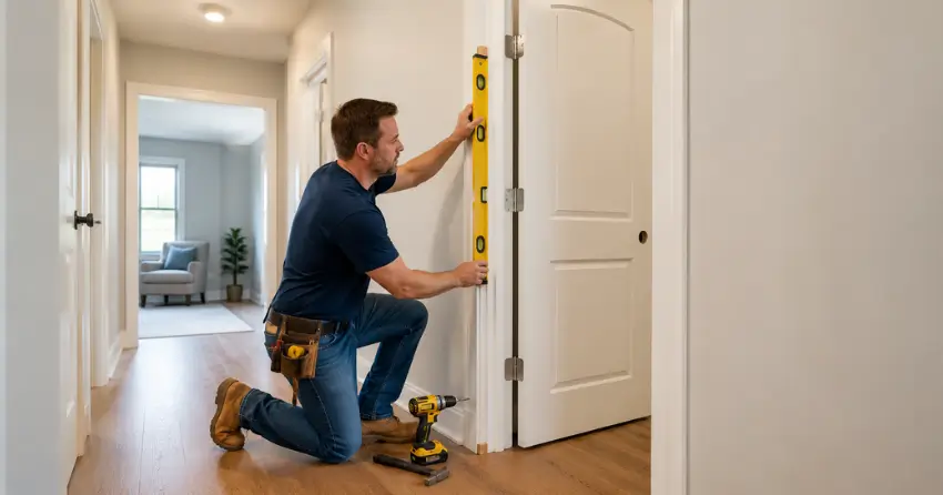 technician installing a pre-hung interior door in a home hallway Mississauga