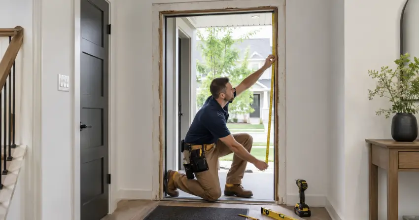 technician measuring a door frame before new door installation in Meadowvale, Mississauga