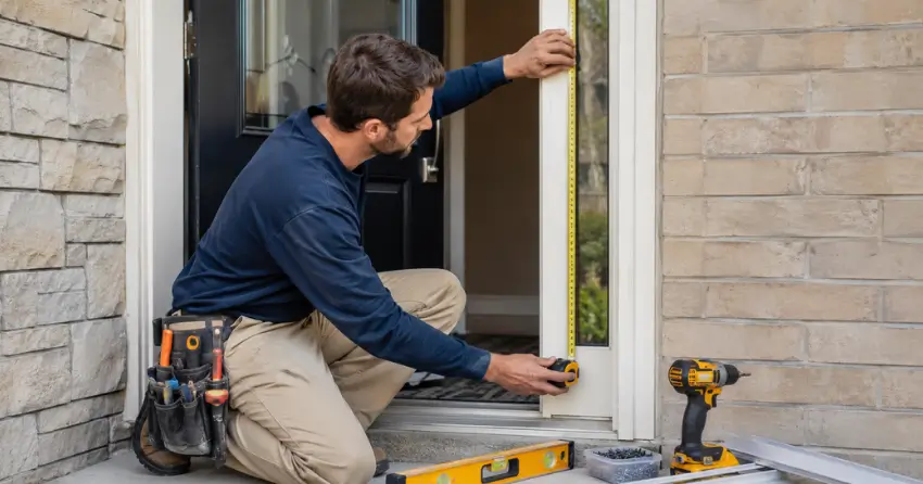 technician measuring door frame before storm door install in Lisgar, Mississauga