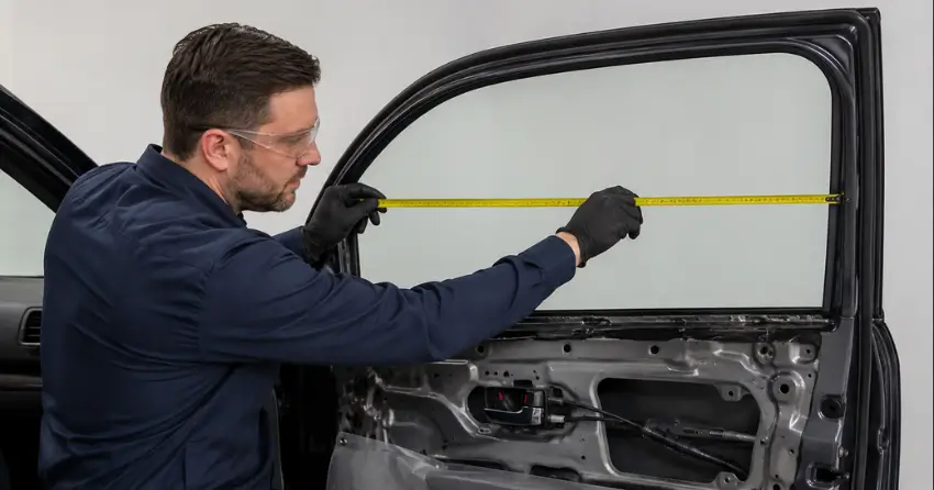 technician measuring door glass opening for replacement in Mississauga