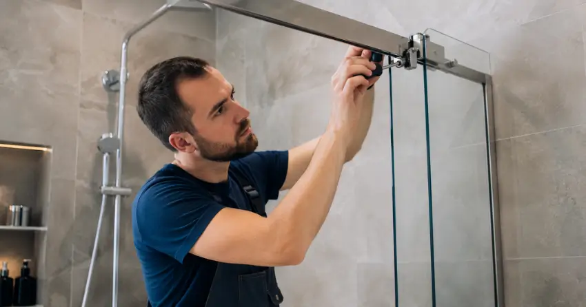 technician adjusting shower door hinge and track in Mississauga