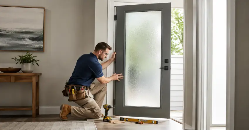 glass panel door installation with frosted privacy glass in residential setting in Erindale, Mississauga