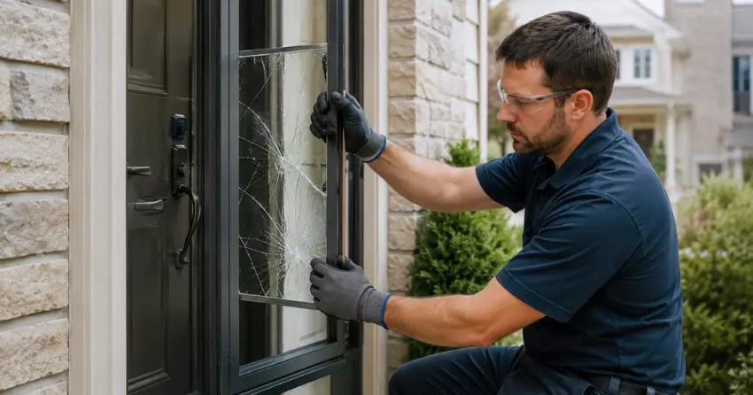 technician removing cracked storm door glass panel in Sheridan, Mississauga
