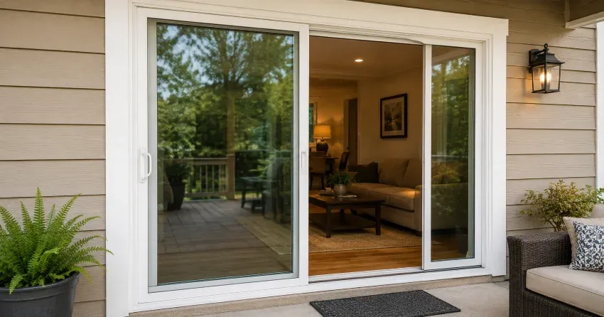 Patio Door Installation technician setting a new frame in Lorne Park, Mississauga