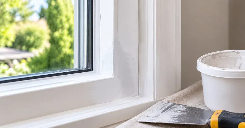 technician repairing rotted window frame corner in Lisgar, Mississauga