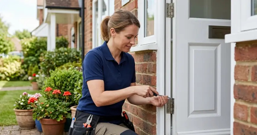 technician repairing exterior door hinge and frame in Mississauga