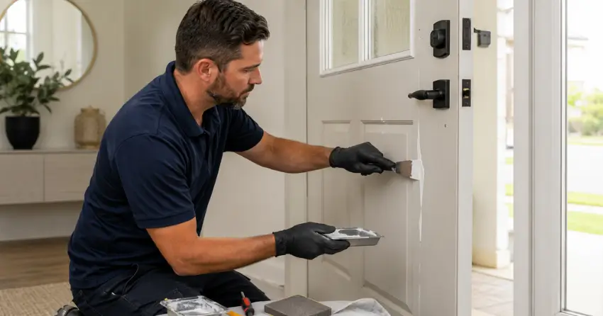 technician repairing fiberglass door surface crack in Mineola, Mississauga
