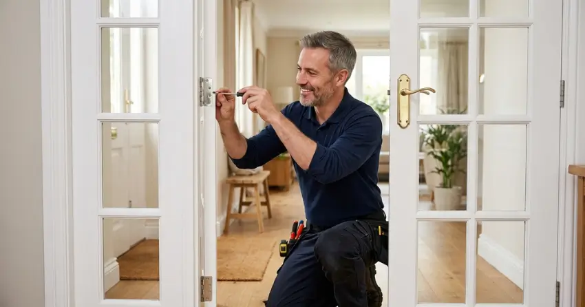 technician adjusting French door hinge for proper alignment in Mineola, Mississauga