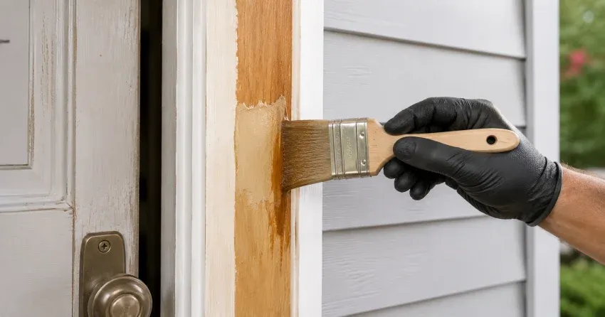 technician probing rotted wood on a door frame in Clarkson, Mississauga