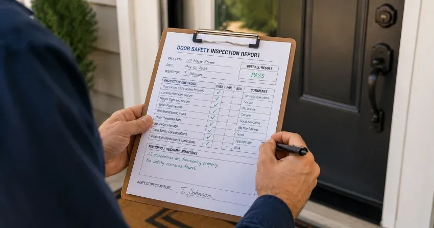 inspector checking strike plate and door frame during safety inspection in Central Erin Mills, Mississauga