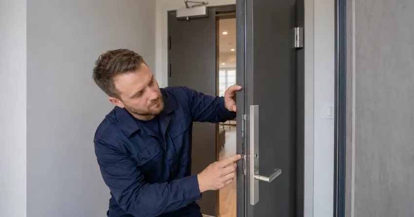 technician inspecting fire-rated door seal and hardware in Central Erin Mills, Mississauga