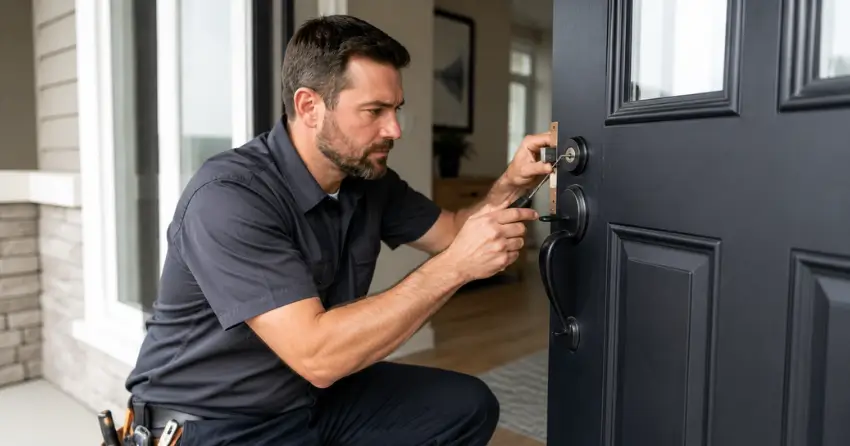 licensed locksmith technician working on residential deadbolt in Mississauga